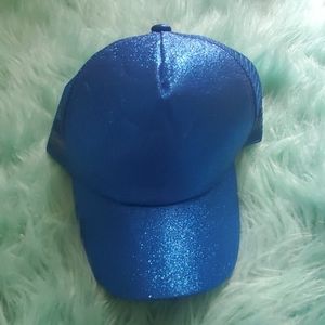 Blue glitter pony tail hole baseball hat